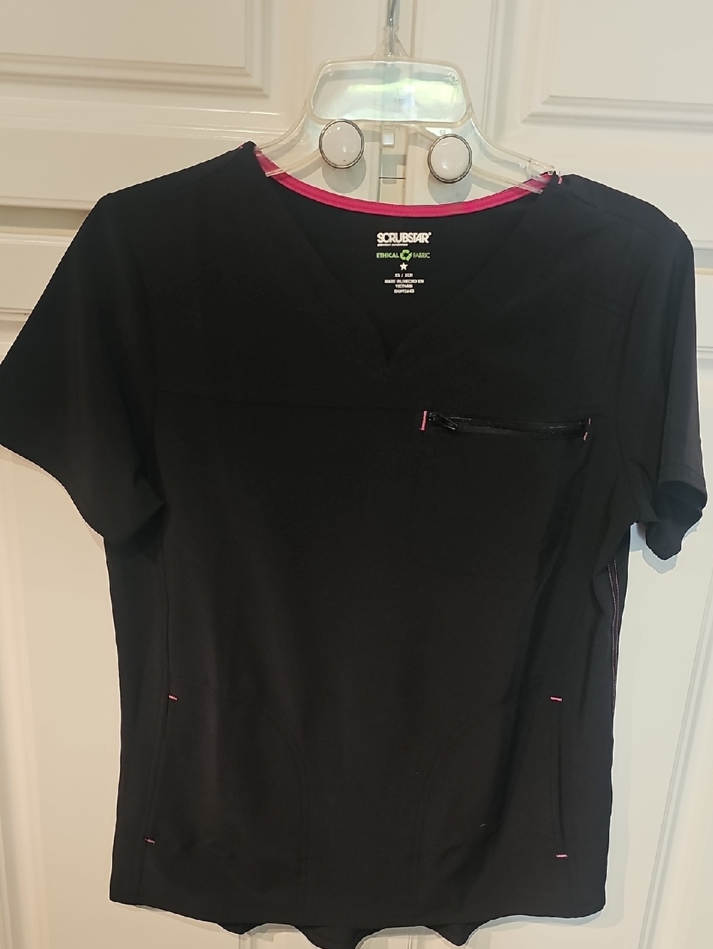 Scrubstar Black Short Sleeve V-Neck Scrub Top with Pink Trim